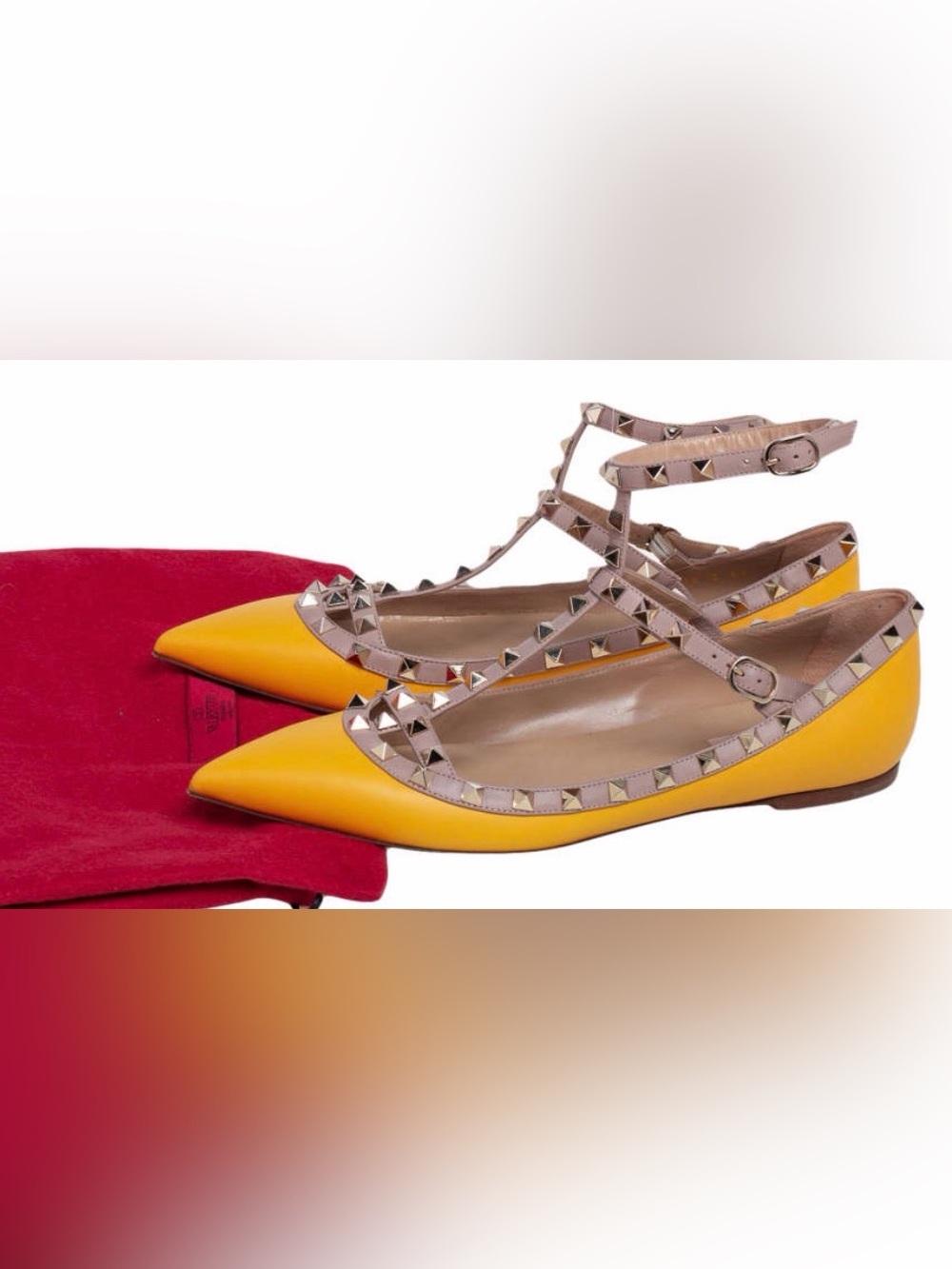 Valentino Garavani Yellow Leather Rockstud T-Strap Flats with Nude Trim